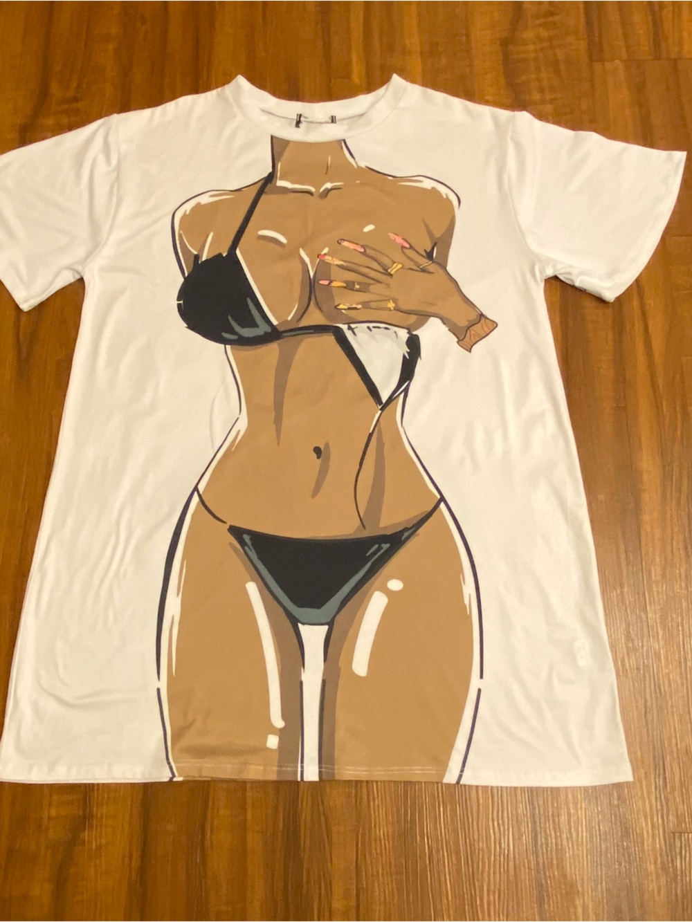 Women's White Graphic Tee with Bikini Illustration